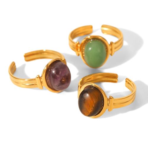 Gemstone Stainless Steel Finger Ring, 304 Stainless Steel, with Natural Stone, 18K gold plated, fashion jewelry & for woman 