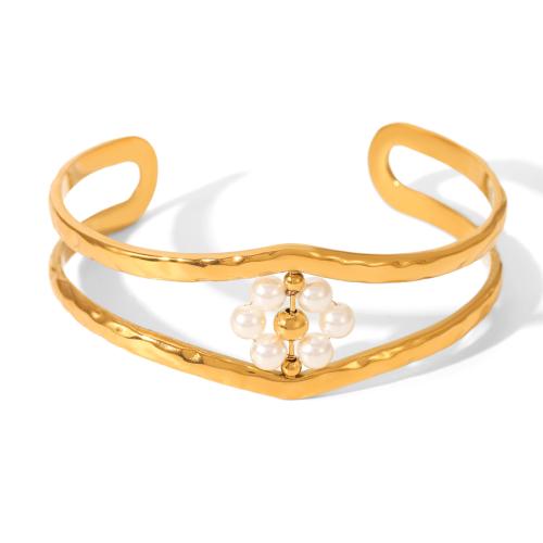 Bracelet en acier inoxydable, Acier inoxydable 304, avec perle de plastique, Placage, bijoux de mode & pour femme & creux, doré, Vendu par PC[