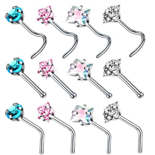 Acier inoxydable 304 Bijoux de Piercing de Nez, unisexe & styles différents pour le choix & pavé de micro zircon, Couleur aléatoire, Vendu par PC
