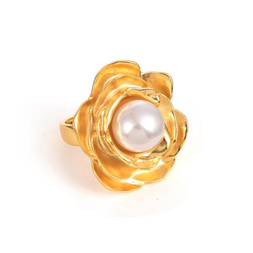 Messing Fingerring, mit Kunststoff Perlen, Blume, plattiert, verschiedenen Materialien für die Wahl & verschiedene Stile für Wahl & für Frau, goldfarben, verkauft von PC