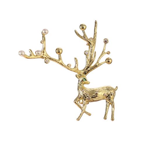 Broche de bijoux de Noël, laiton, avec perle de plastique, gazelle, Placage, Conception de Noël & unisexe & pavé de micro zircon, Vendu par PC