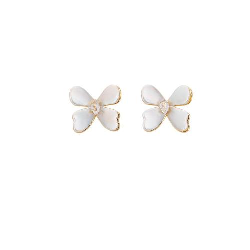 Cubic Zircon Brass Earring, Four Leaf Clover, real gold plated, brushed & micro pave cubic zirconia & for woman & frosted 