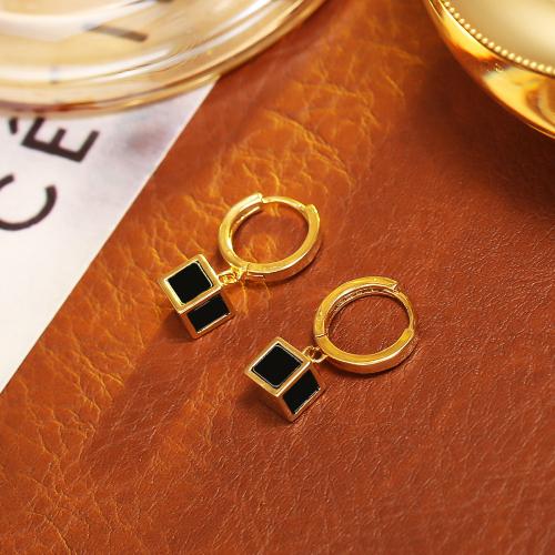Латунные серьги падение, Латунь, Квадратная форма, плакированный настоящим золотом, ювелирные изделия моды & Женский & эмаль, черный, продается Пара