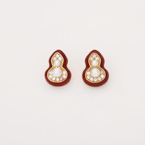 Befestiger Zirkonia Messing Ohrring, mit Kunststoff Perlen, Kalebasse, vergoldet, Micro pave Zirkonia & für Frau & Emaille, verkauft von Paar