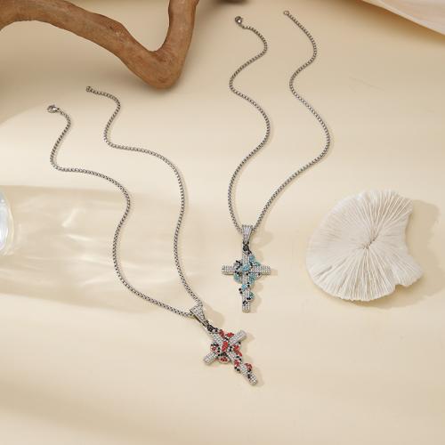 Chaîne en alliage de zinc de fer Collier Pull, croix, Placage de couleur d'or, bijoux de mode & pavé de micro zircon, plus de couleurs à choisir, Vendu par PC