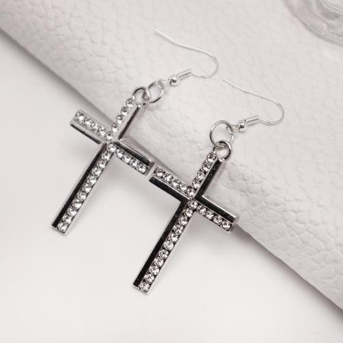 Zink Legierung Strass Tropfen Ohrring, Zinklegierung, Kreuz, goldfarben plattiert, Modeschmuck & mit Strass, Silberfarbe, verkauft von Paar