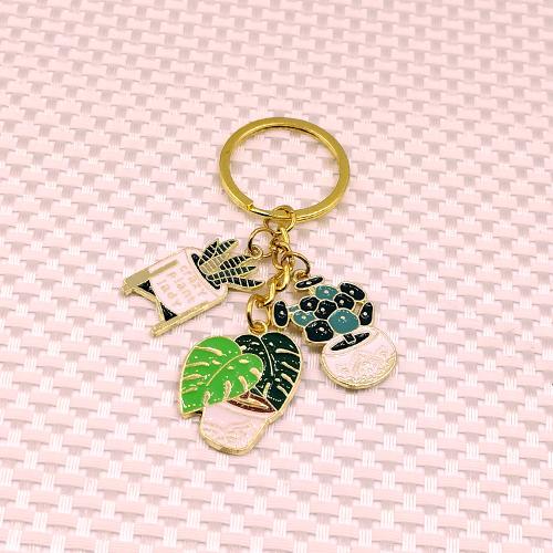 Enamel Zinc Alloy Key Chain, plant pot, gold color plated, fashion jewelry 