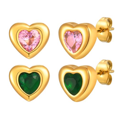 Boucle en acier inoxydable zircons cubiques, Acier inoxydable 304, avec zircon cubique, coeur, Plaqué or 18K, bijoux de mode & pour femme, Vendu par paire