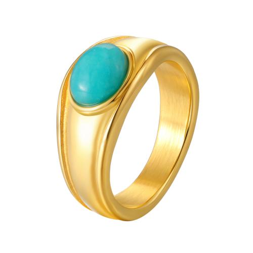 Gemstone Stainless Steel Finger Ring, 304 Stainless Steel, with ​Amazonite​, plated, fashion jewelry & for woman, golden 