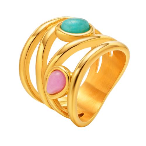 Gemstone Stainless Steel Finger Ring, 304 Stainless Steel, with ​Amazonite​ & Quartz, plated, multilayer & for woman, golden 