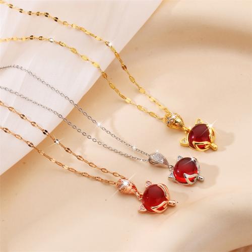 Titanium Steel Jewelry Necklace, with Cats Eye, Fox, plated, fashion jewelry & for woman & with rhinestone [