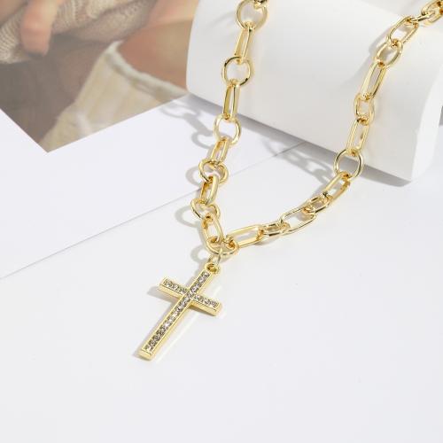 Rhinestone Zinc Alloy Necklace, with Rhinestone, Cross, plated & for woman, golden 