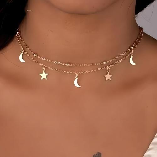 Zinc Alloy Necklace, Moon and Star, gold color plated, Double Layer & for woman Approx 15 Inch, Approx 15.7 Inch 