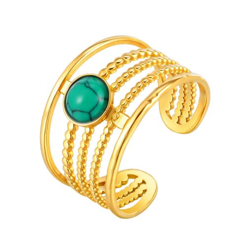 Gemstone Stainless Steel Finger Ring, 304 Stainless Steel, with turquoise, plated & for woman & hollow, golden 