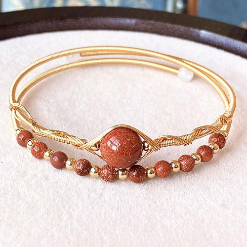 Голдстоун браслет, Латунь, с голдстоун, 14K позолоченный, Двойной слой & ювелирные изделия моды & Женский, Inner diameter :55mm, продается PC
