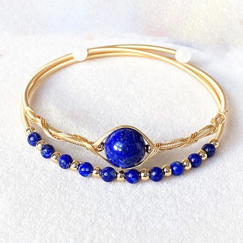 Natural Lapis Lazuli Bracelet, Brass, with Lapis Lazuli, 14K gold-filled, Double Layer & fashion jewelry & for woman, Inner diameter :55mm 