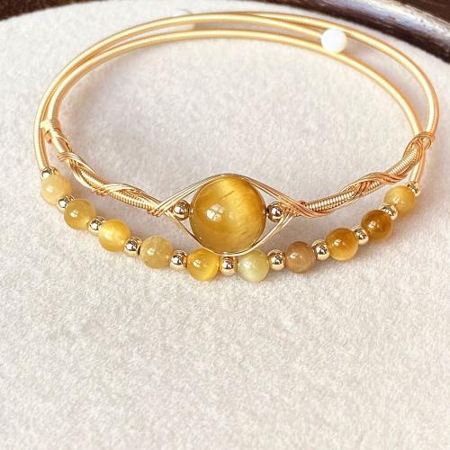 Bracelets en pierres oeil de tigre, laiton, avec oeil de tigre, 14K rempli d’or, Double couche & bijoux de mode & pour femme, Inner diameter :55mm, Vendu par PC