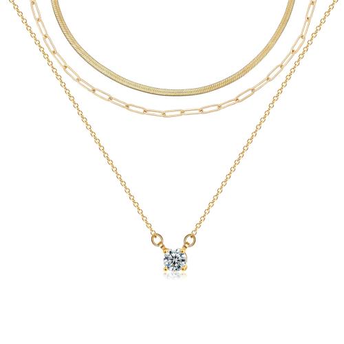 Collier de mode Multi couche, Acier inoxydable 304, avec zircon cubique, Plaqué or 18K, trois couches & bijoux de mode & pour femme, Vendu par fixé