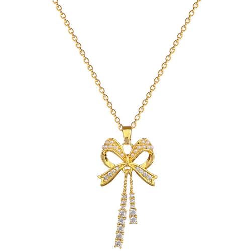 Titanium Steel Jewelry Set, with Plastic Pearl, Bowknot, plated & micro pave cubic zirconia & for woman, golden [