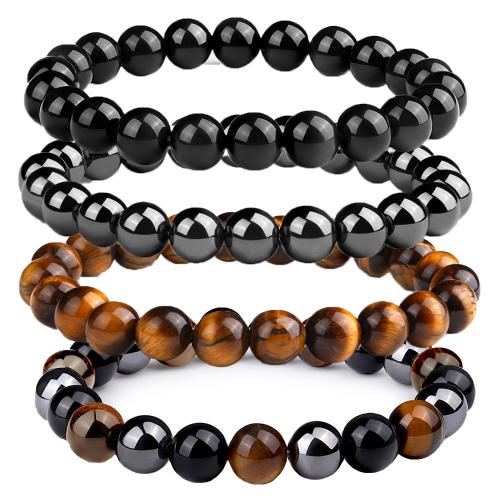 Черный обсидиан браслет, Обсидиан, с Утюг Рок & тигровый глаз, 4 шт. & ювелирные изделия моды & Мужская, разноцветный, 8mm, длина:18.5-19.5 см, продается указан