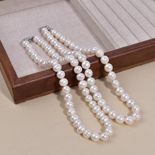 Ожерелье из пресноводных жемчуг на латунной цепочке, Пресноводные жемчуги, с Латунь, Слегка круглый, Другое покрытие, ювелирные изделия моды, белый, 9-10mm, длина:50 см, продается PC