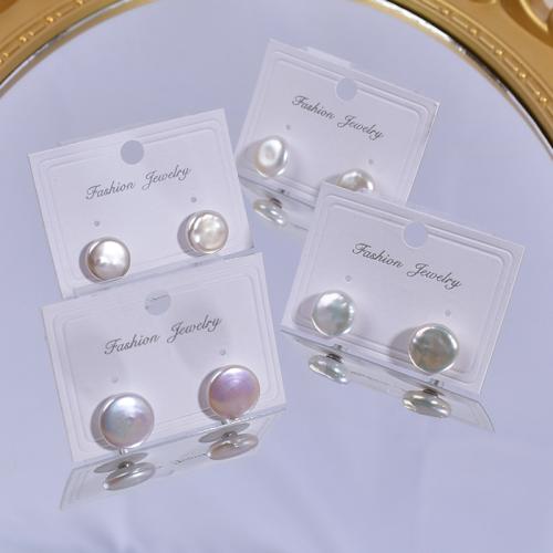 Sterling Silver Natural Pearl Stud Earring, 925 Sterling Silver, with Freshwater Pearl, Coin, fashion jewelry, white, 11-12mm 