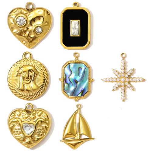 Stainless Steel Pendants, 304 Stainless Steel, with Glass Stone & ABS Plastic Pearl & Shell, gold color plated, DIY & micro pave cubic zirconia & enamel & with rhinestone 