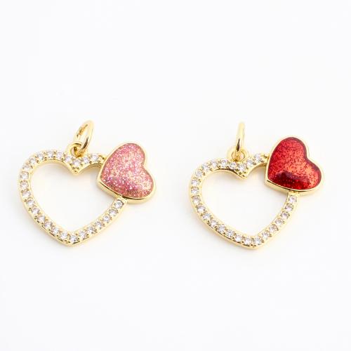 Cubic Zirconia Micro Pave Brass Pendant, Heart, gold color plated, DIY & micro pave cubic zirconia & enamel & hollow 