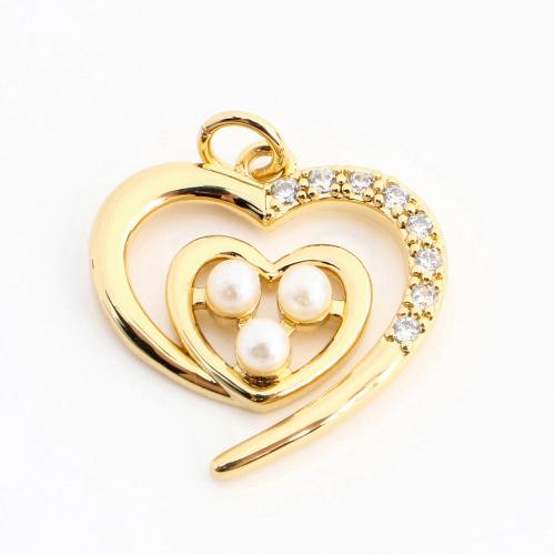 Cubic Zirconia Micro Pave Brass Pendant, with Plastic Pearl, Heart, DIY & micro pave cubic zirconia & hollow, golden 