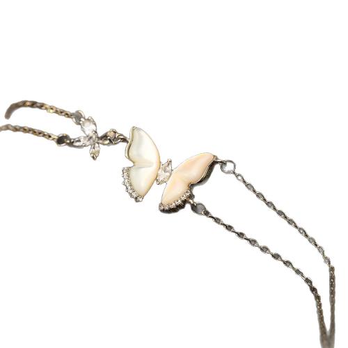 Natural White Shell Bracelet, Brass, with White Shell, with 3.5cm extender chain, Butterfly, plated, Double Layer & micro pave cubic zirconia & for woman, platinum color, The pendant is 1.4cm long and 1.9cm wide cm 
