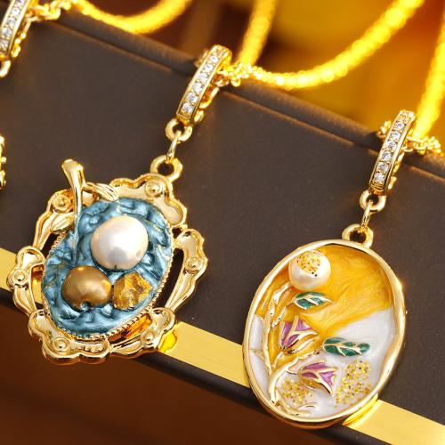 Пресноводные перлы ожерелье цепи свитера, Латунь, с Пресноводные жемчуги, с 5.5cm наполнитель цепи, 18K позолоченный, разные стили для выбора & инкрустированное микро кубического циркония & Женский & эмаль, The pendant is 3.5cm long and 1.6cm wide, длина:46 см, продается PC