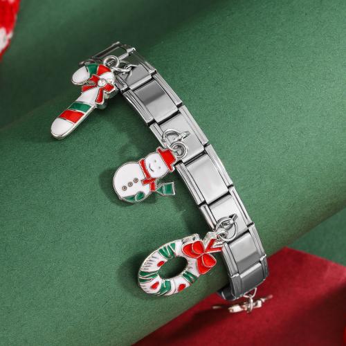 Acero inoxidable Pulsera con dijes, acero inoxidable 304, chapado en color dorado, Diseño de Navidad & esmalte, más colores para la opción, Vendido por UD