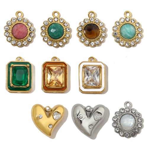 Pendentif bijoux de pierre gemme, Acier inoxydable 304, avec Pierre naturelle, Placage de couleur d'or, DIY & pavé de micro zircon & émail & avec strass, plus de couleurs à choisir Vendu par sac