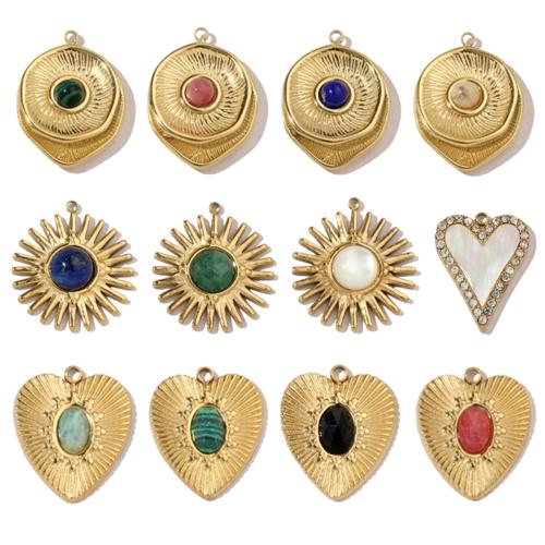 Pendentif bijoux de pierre gemme, Acier inoxydable 304, avec Pierre naturelle & coquille, Placage de couleur d'or, DIY & émail & avec strass, plus de couleurs à choisir Vendu par sac