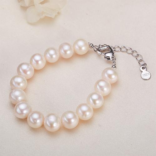 bracelet en laiton de perle d'eau douce cultivée, avec Alliage de cuivre, Légèrement rond, Placage, bijoux de mode, blanc, 6-10.3mm cm, Vendu par PC