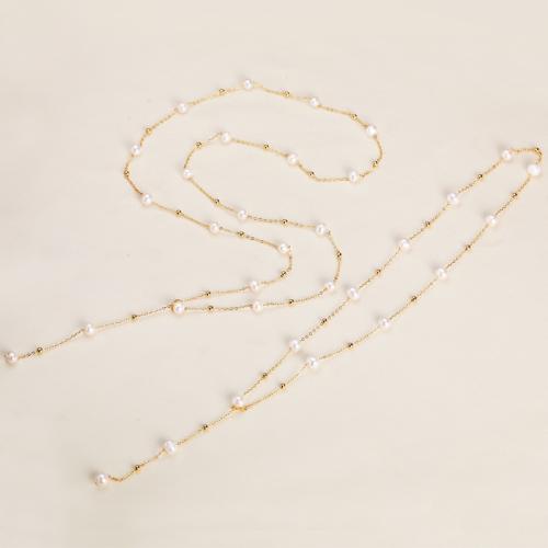 Пресноводные перлы ожерелье цепи свитера, Пресноводные жемчуги, с Латунь, Слегка круглый, Другое покрытие, ювелирные изделия моды, Много цветов для выбора, 5-6MM, продается PC