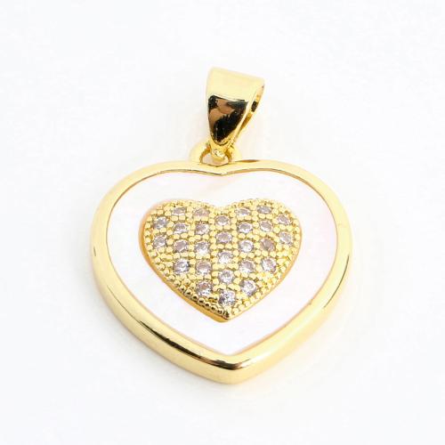 Cubic Zirconia Micro Pave Brass Pendant, with White Shell, Heart, DIY & micro pave cubic zirconia, golden 