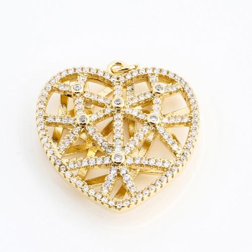 Cubic Zirconia Micro Pave Brass Pendant, Heart, DIY & micro pave cubic zirconia & hollow, golden 