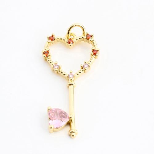 Cubic Zirconia Micro Pave Brass Pendant, Key, DIY & micro pave cubic zirconia & hollow, golden 