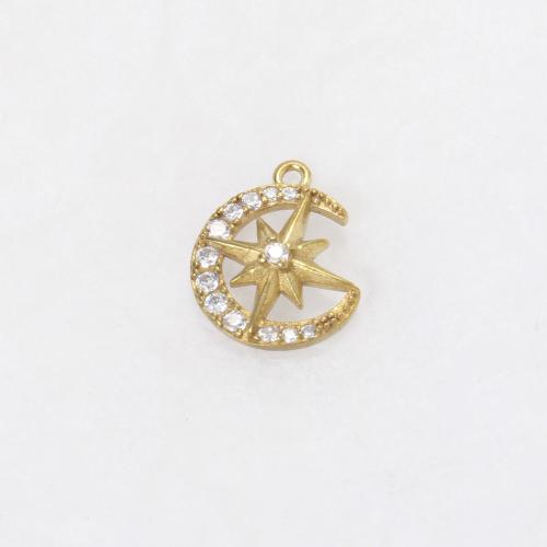 Strass Messing Anhänger, Mond, plattiert, DIY & mit Strass, goldfarben, 13x10.2x3.3mm, verkauft von PC