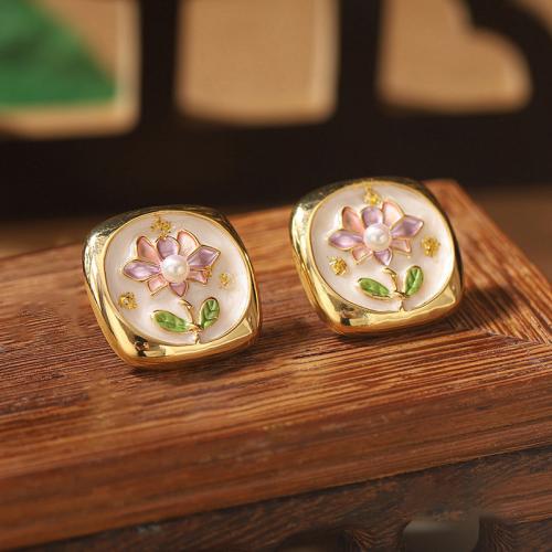 Латуни Стад Серьги, Латунь, с Пластиковая жемчужина, Другое покрытие, разные стили для выбора & Женский & эмаль, продается Пара