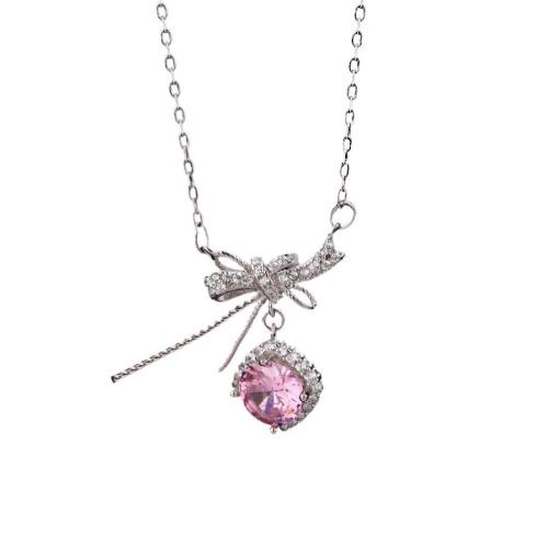 925 пробы Ожерелье, с 2inch наполнитель цепи, Бантик, Другое покрытие, инкрустированное микро кубического циркония & Женский, Много цветов для выбора, длина:Приблизительно 15.7 дюймовый, продается PC