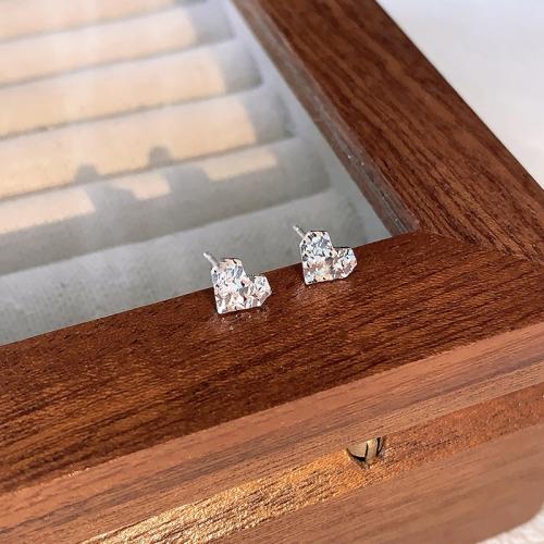 925 Sterling Silver Stud Earring, Heart, polished, micro pave cubic zirconia & for woman, silver color 