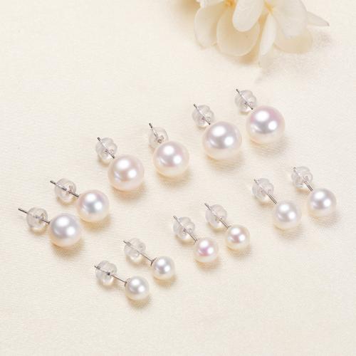 Freshwater Pearl Stud Earring, with 14K White Gold, Round, plated, fashion jewelry 5-10mm 