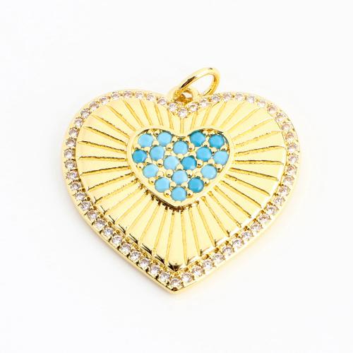 Cubic Zirconia Micro Pave Brass Pendant, with Natural Turquoise, Heart, DIY & micro pave cubic zirconia, golden 