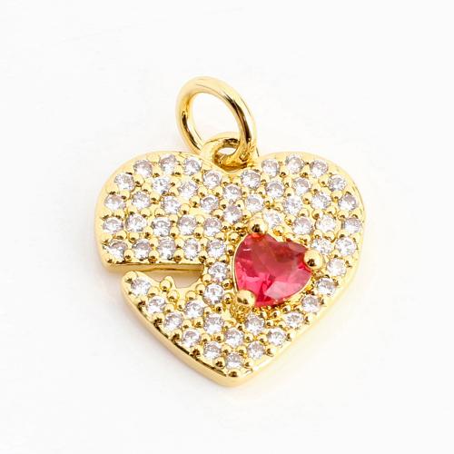 Cubic Zirconia Micro Pave Brass Pendant, Heart, DIY & micro pave cubic zirconia, golden 