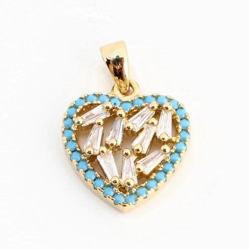 Cubic Zirconia Micro Pave Brass Pendant, with Natural Turquoise, Heart, DIY & micro pave cubic zirconia & hollow, golden 