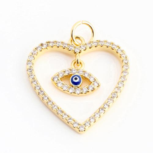 Cubic Zirconia Micro Pave Brass Pendant, Heart, DIY & micro pave cubic zirconia & enamel & hollow, golden 
