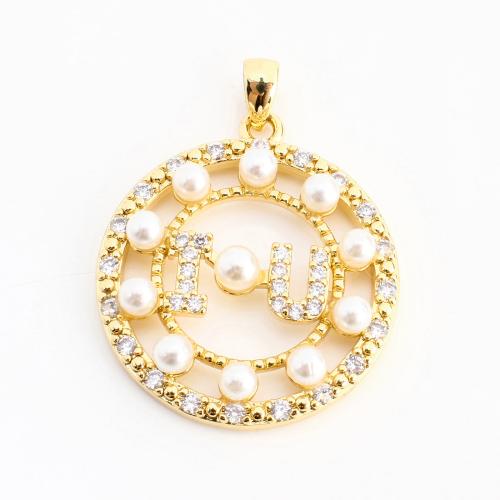 Cubic Zirconia Micro Pave Brass Pendant, with Plastic Pearl, Round, DIY & micro pave cubic zirconia & hollow, golden 