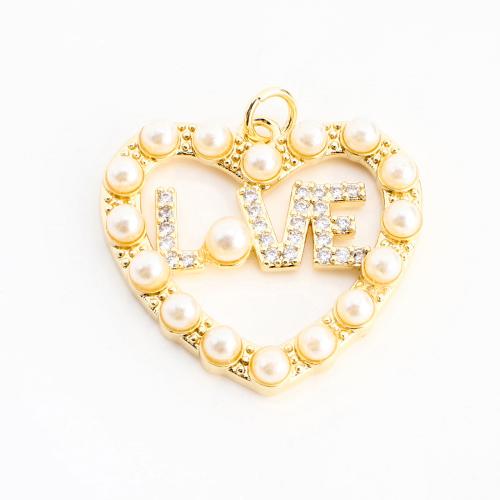 Cubic Zirconia Micro Pave Brass Pendant, with Plastic Pearl, Heart, DIY & micro pave cubic zirconia & hollow, golden 